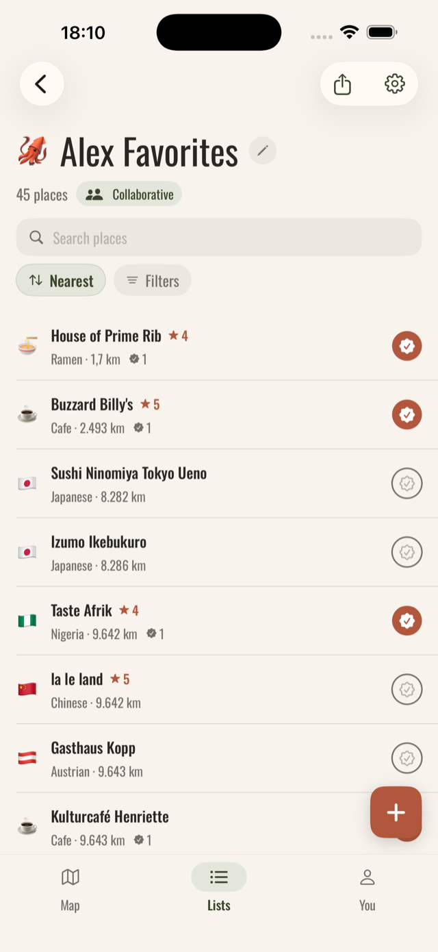 A shared list in Remstalist: Alex Favorites, 45 places sorted by distance, with cuisine flags, star ratings and visited seals