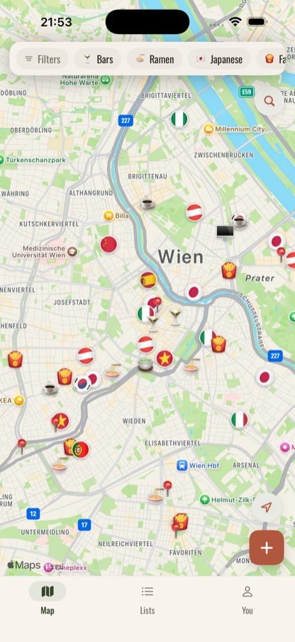 The Remstalist map of Vienna: every saved restaurant as a cuisine pin, with filter chips for Bars, Ramen and Japanese